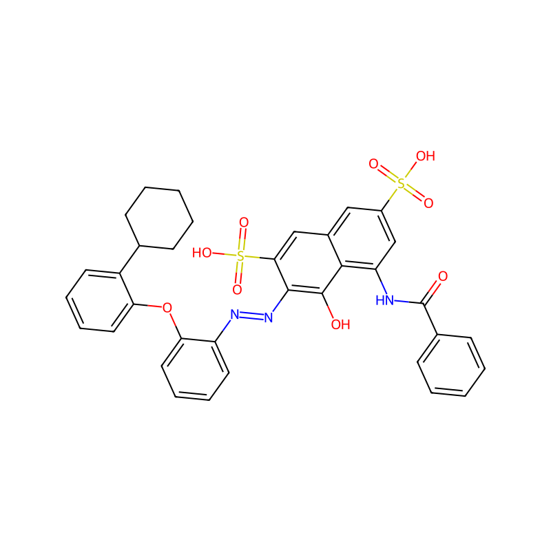 5-(Benzoylamino)-3-(2-(2-(2-cyclohexylphenoxy)phenyl)diazenyl)-4-hydroxy-2,7-naphthalenedisulfonic acid の分子構造式