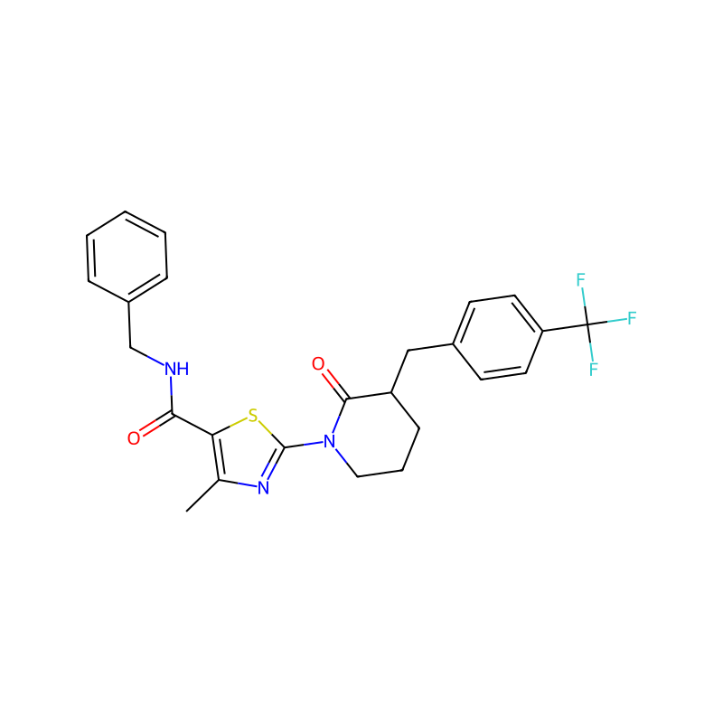 N-benzyl-4-methyl-2-(2-oxo-3-(4-(trifluoromethyl)benzyl)piperidin-1-yl)thiazole-5-carboxamide の分子構造式