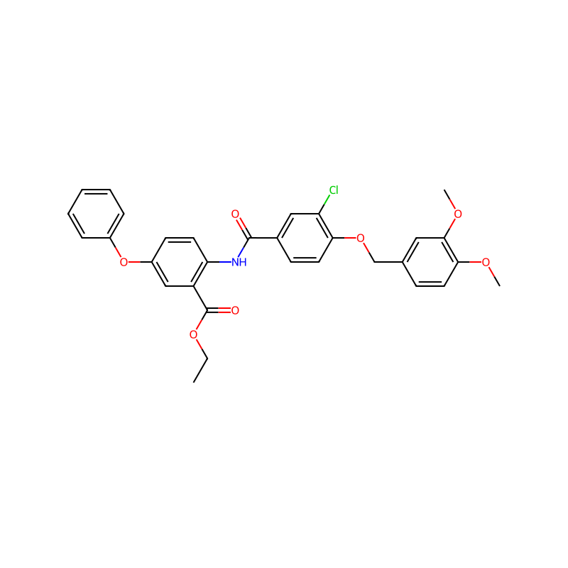 Ethyl 2-(4-(3,4-dimethoxybenzyloxy)-3-chlorobenzamido)-5-phenoxybenzoate 분자 구조식